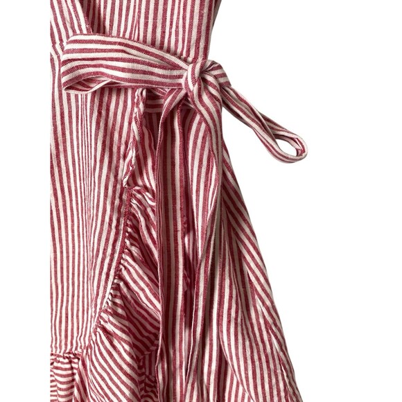 Reformation XS Kelsey Dress Red & White Linen Stripes Ruffles Mini Wrap Dress - Picture 7 of 10
